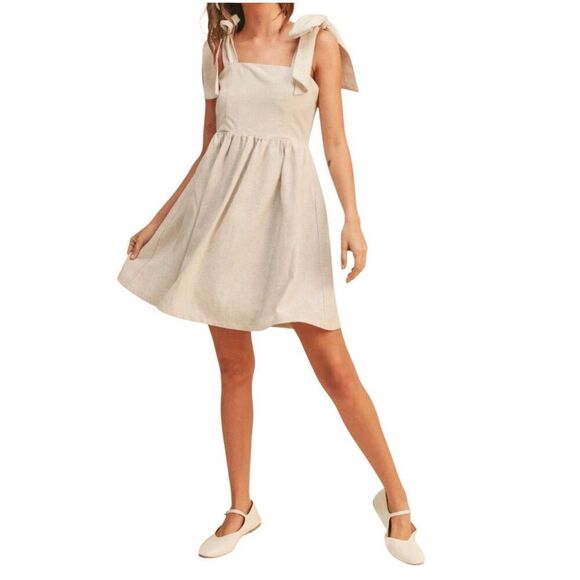 MIOU MUSE Dress Size Small Bow Tie Mini Linen Blend Square Neck NEW - Picture 1 of 12